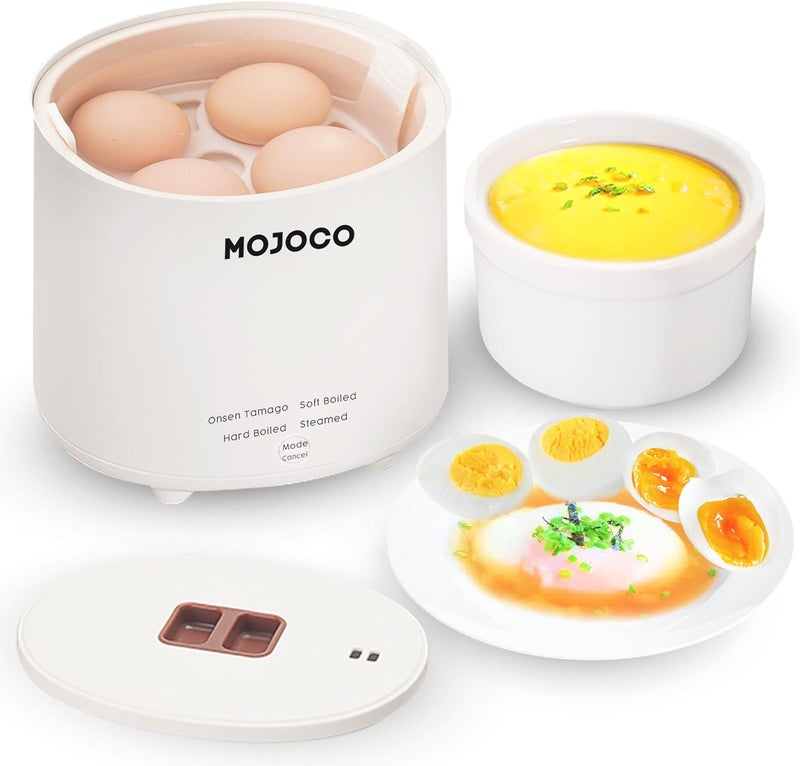 MOJOCO Rapid Egg Cooker - Mini Egg Cooker for Steamed, Hard Boiled, Soft Boiled Eggs and Onsen Tamago - Electric Egg Boiler for Home Kitchen, Dorm Use - Smart Egg Maker with Auto Shut OFF and Alarm - Image 1